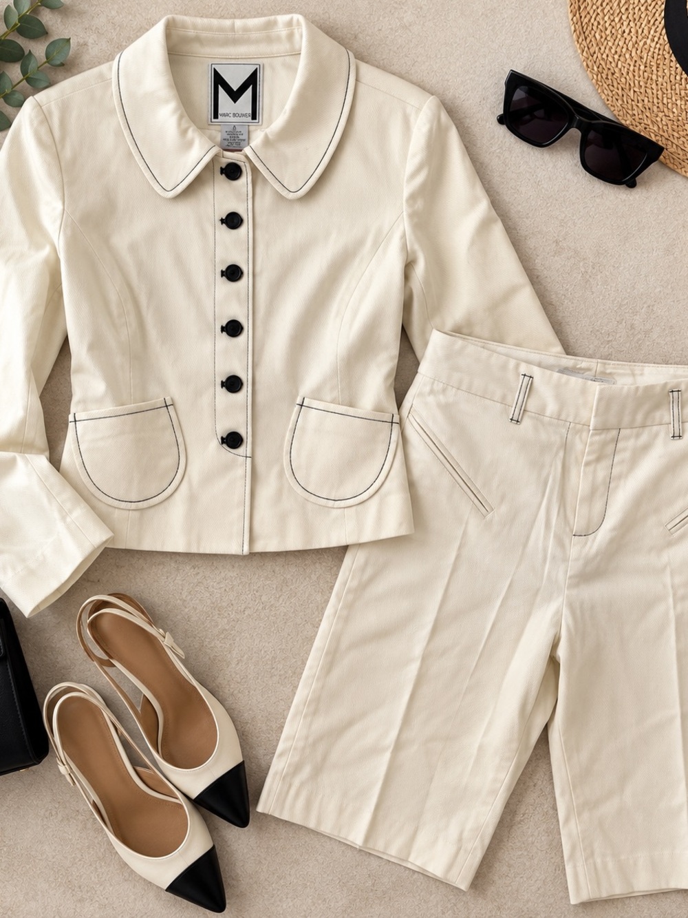 Marc Bouwer Cream Contrast Stitch Jacket Bermuda Shorts Set S 4
